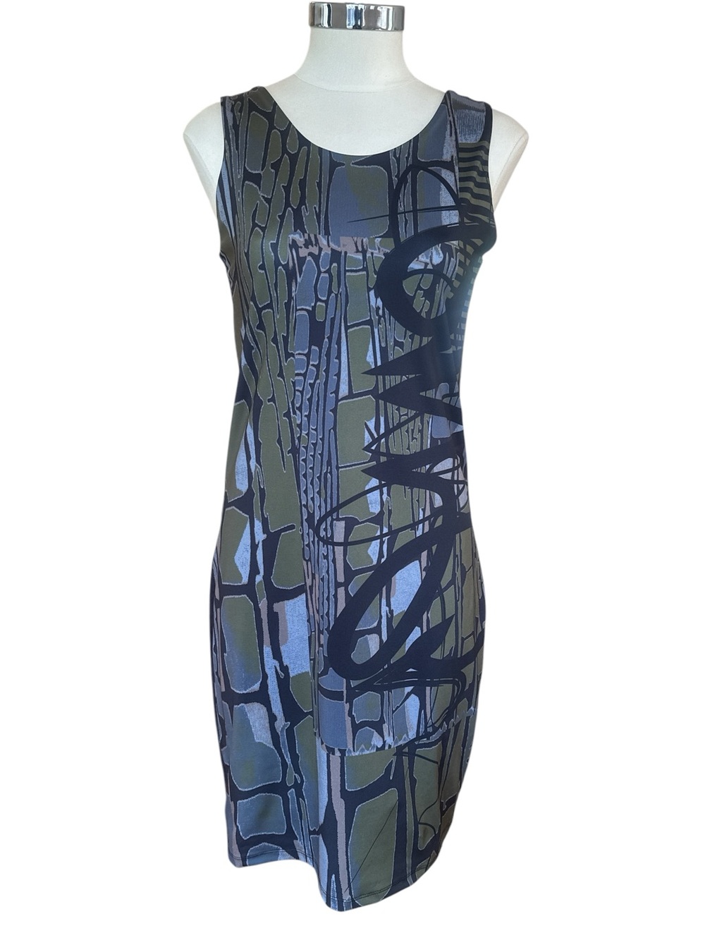 Volt Designs Sleeveless Abstract Print Sheath Dress in Olive and Slate 2